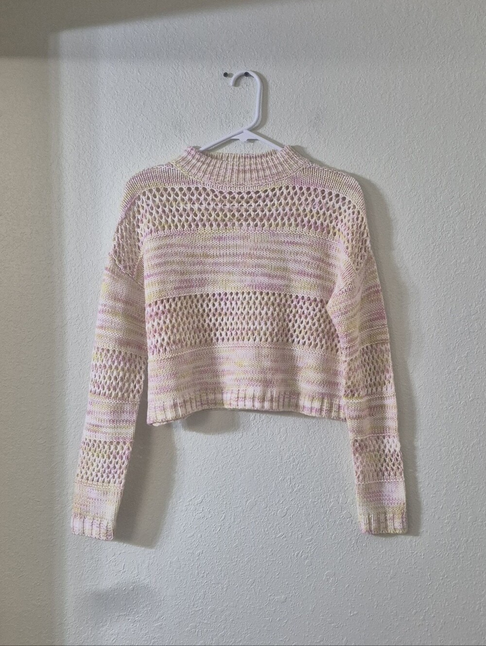 True Craft Pink & Cream Open-Knit Cropped Turtleneck Sweater